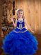 Simple Sleeveless Floor Length Embroidery and Ruffles Lace Up Pageant Gowns For Girls with Royal Blue