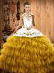 Popular Gold Sleeveless Floor Length Embroidery and Ruffled Layers Lace Up Quinceanera Dress