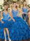 Straps Sleeveless Sweet 16 Dress Floor Length Beading and Ruffles Teal Organza