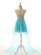 Custom Made Aqua Blue A-line Tulle Scoop Sleeveless Appliques High Low Backless Prom Gown