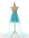 Custom Made Aqua Blue A-line Tulle Scoop Sleeveless Appliques High Low Backless Prom Gown
