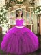 Fuchsia Tulle Lace Up Straps Sleeveless Floor Length Girls Pageant Dresses Appliques and Ruffles