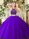 Purple Zipper Halter Top Beading and Ruching Ball Gown Prom Dress Tulle Sleeveless