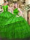 Sleeveless Organza Floor Length Clasp Handle Ball Gown Prom Dress in Green with Embroidery and Ruffled Layers
