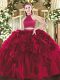Perfect Organza Halter Top Sleeveless Backless Beading and Ruffles Sweet 16 Dresses in Fuchsia