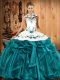 Ball Gowns Quince Ball Gowns Teal Halter Top Satin and Organza Sleeveless Floor Length Lace Up