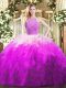 Inexpensive Tulle Halter Top Sleeveless Zipper Beading and Ruffles 15 Quinceanera Dress in Multi-color