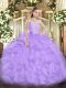 Lavender Ball Gowns Organza Sweetheart Sleeveless Beading and Ruffles Floor Length Lace Up Vestidos de Quinceanera