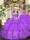 Floor Length Lace Up Pageant Gowns Purple for Party and Sweet 16 and Quinceanera and Wedding Party with Beading and Ruffled Layers
