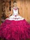 Flare Fuchsia Lace Up Halter Top Embroidery and Ruffles Sweet 16 Quinceanera Dress Satin and Organza Sleeveless