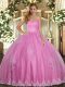 Sleeveless Tulle Floor Length Lace Up Ball Gown Prom Dress in Rose Pink with Beading and Appliques