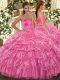 Discount Rose Pink Sleeveless Organza Lace Up Sweet 16 Dress for Military Ball and Sweet 16 and Quinceanera
