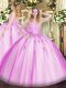 Best Selling Lilac Ball Gowns Sweetheart Sleeveless Tulle Floor Length Lace Up Beading and Appliques Quinceanera Dress