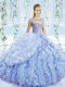Dramatic Blue Sleeveless Organza Brush Train Lace Up 15th Birthday Dress for Sweet 16 and Quinceanera