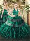 Halter Top Sleeveless 15 Quinceanera Dress Floor Length Appliques and Ruffles Dark Green Organza