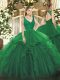 On Sale V-neck Sleeveless Vestidos de Quinceanera Floor Length Beading and Lace and Ruffles Dark Green Organza