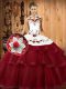 Wine Red Satin and Organza Lace Up Halter Top Sleeveless With Train 15 Quinceanera Dress Sweep Train Embroidery and Ruffled Layers