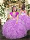 Customized Straps Sleeveless Little Girl Pageant Dress Floor Length Beading and Ruffles Lilac Organza