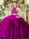 Artistic Fuchsia Tulle Backless 15th Birthday Dress Sleeveless Floor Length Beading and Ruffles