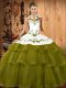 Custom Design Halter Top Sleeveless Sweet 16 Dresses Sweep Train Embroidery and Ruffled Layers Olive Green Organza