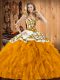 Sexy Gold Sleeveless Satin and Organza Lace Up 15th Birthday Dress for Military Ball and Sweet 16 and Quinceanera