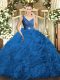 Discount Fabric With Rolling Flowers V-neck Sleeveless Backless Beading and Ruching Quinceanera Dress in Blue