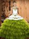 Simple Embroidery and Ruffled Layers Vestidos de Quinceanera Olive Green Lace Up Sleeveless Floor Length