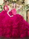 Most Popular Floor Length Hot Pink 15 Quinceanera Dress Fabric With Rolling Flowers Sleeveless Lace