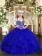 Royal Blue Ball Gowns Beading and Ruffles Pageant Gowns For Girls Lace Up Tulle Sleeveless Floor Length
