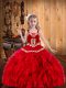 Trendy Floor Length Red Little Girl Pageant Dress Organza Sleeveless Embroidery and Ruffles