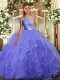 Exceptional Lavender Sleeveless Floor Length Ruffles Backless Quinceanera Gown