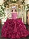 Dramatic Organza Straps Sleeveless Lace Up Beading and Ruffles Little Girl Pageant Dress in Fuchsia