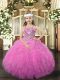 Rose Pink Organza Lace Up Straps Sleeveless Floor Length Girls Pageant Dresses Beading and Ruffles