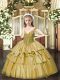 Gold Organza Lace Up V-neck Sleeveless Floor Length Pageant Gowns For Girls Beading and Ruffled Layers