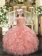 Fashionable Sleeveless Organza Floor Length Lace Up Kids Pageant Dress in Pink with Beading and Ruffles