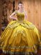 Sweet Gold Ball Gowns Satin and Organza Off The Shoulder Sleeveless Beading and Embroidery Floor Length Lace Up Ball Gown Prom Dress