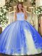 High End Ball Gowns 15th Birthday Dress Blue Scoop Tulle Sleeveless Floor Length Clasp Handle