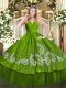 Olive Green V-neck Zipper Embroidery Quinceanera Dress Sleeveless