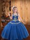 Nice Sleeveless Floor Length Beading and Embroidery and Ruffles Lace Up Girls Pageant Dresses with Blue