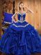 Deluxe Floor Length Royal Blue Quinceanera Gowns Organza Sleeveless Embroidery and Ruffles