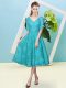 Traditional Teal V-neck Neckline Bowknot Quinceanera Dama Dress Half Sleeves Lace Up