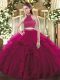 Best Fuchsia Two Pieces Beading and Ruffles Ball Gown Prom Dress Backless Tulle Sleeveless Floor Length