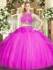 Scoop Sleeveless Zipper Sweet 16 Quinceanera Dress Fuchsia Tulle