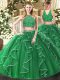 Glamorous Green Two Pieces High-neck Sleeveless Tulle Floor Length Zipper Beading and Ruffles Quinceanera Dresses