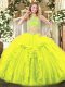 Custom Fit High-neck Sleeveless Backless Quince Ball Gowns Yellow Green Tulle