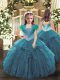 Teal Ball Gowns Organza Straps Sleeveless Beading and Ruffles Floor Length Lace Up Kids Formal Wear