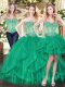 Sleeveless Tulle Floor Length Lace Up Ball Gown Prom Dress in Green with Beading and Ruffles