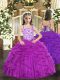 Fashion Purple Tulle Lace Up Kids Pageant Dress Sleeveless Floor Length Beading and Ruffles