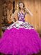 Floor Length Lace Up Vestidos de Quinceanera Fuchsia for Military Ball and Sweet 16 and Quinceanera with Embroidery and Ruffles