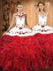 Vintage White And Red 15th Birthday Dress Military Ball and Sweet 16 and Quinceanera with Embroidery and Ruffles Halter Top Sleeveless Lace Up